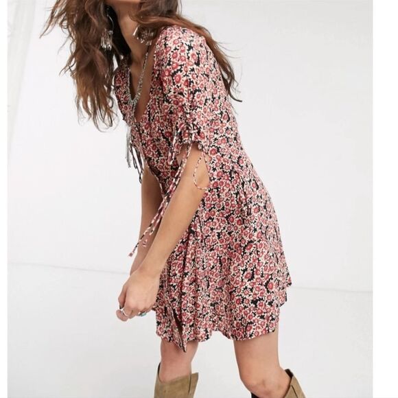 Free People Floral Laced Up Skater Mini Dress In Red/Black - Picture 5 of 11